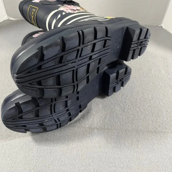 Joules Molly Welly Rain Boots Navy White Stripe Floral Buckle Women US 7 EU 38 - Picture 9 of 12